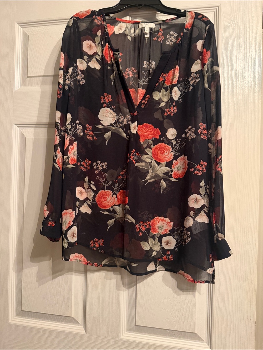 Joie Women’s Black Floral V-Neck Blouse with Red Rose Print